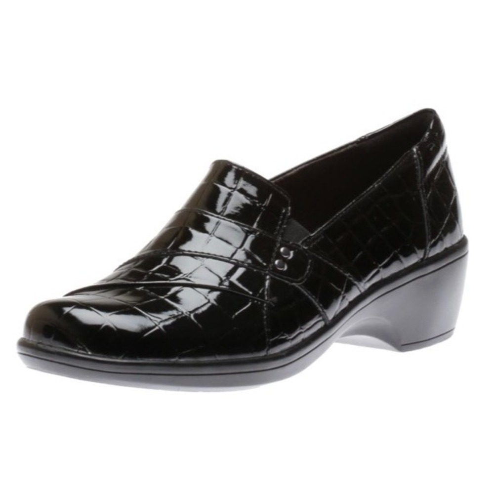 Clarks Collection Womens Black Patent Croc Embossed Wedge Loafers 8.5 M 26122617
